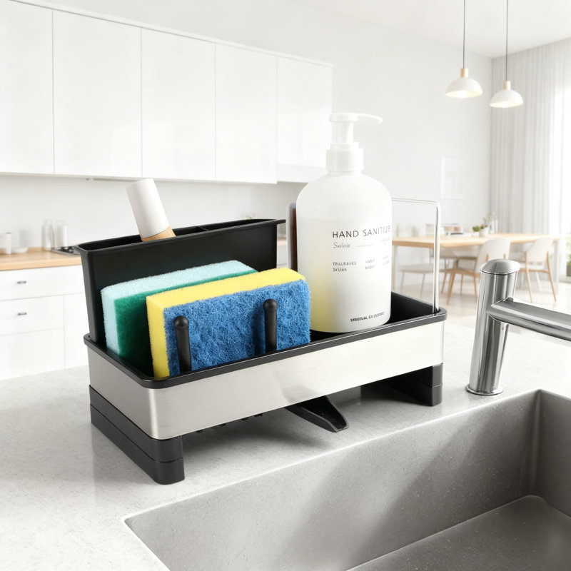 Organisateur d'évier de cuisine en acier inoxydable avec porte-brosse amovible, panier à éponge auto-drainant et distributeur de savon pour comptoir