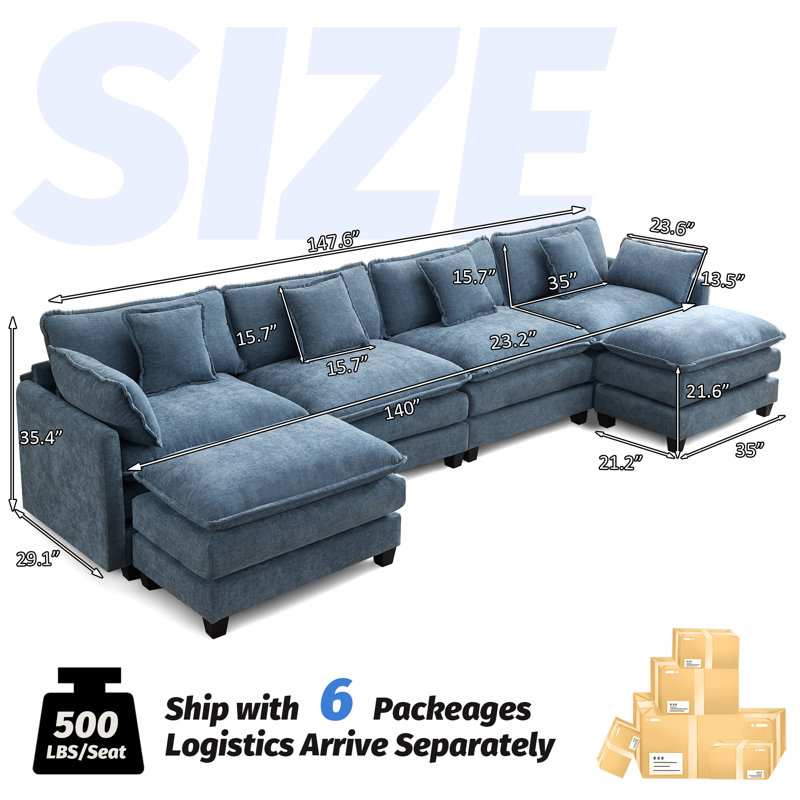 Canapé modulaire rembourré en chenille avec repose-pieds Chenille, Bleu, 6