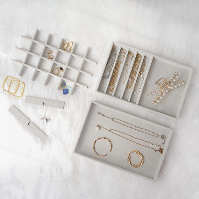 Jewelry Drawer Inserts Container Display Case Storage For Earring Necklace Rings Bracelet With Removable Dividers -Grey, 4 Layers