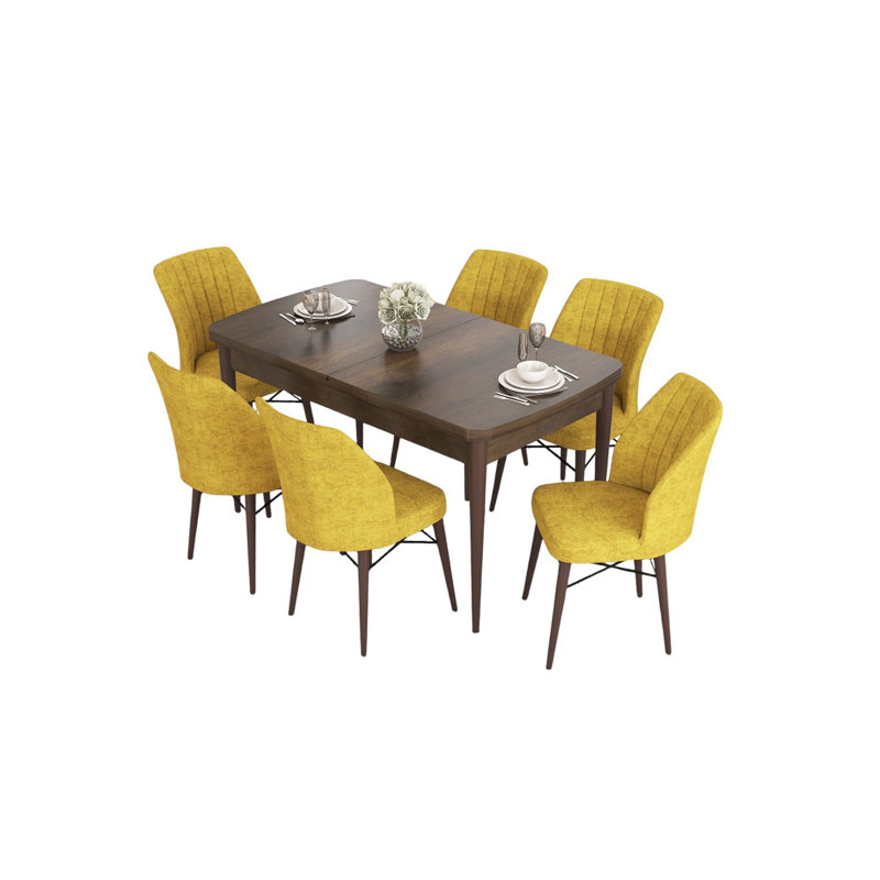Ensemble de table et chaises de salle à manger extensible (7 pièces), baroque et moutarde | 100% panneau de fibres à densité moyenne avec pieds en bois, structure de chaise en métal | Table: 51,9 po x 30,7 po x 31 po (ouverture: 66,9 po) | Confortable dossier 22 en mousse et siège 28 en mousse