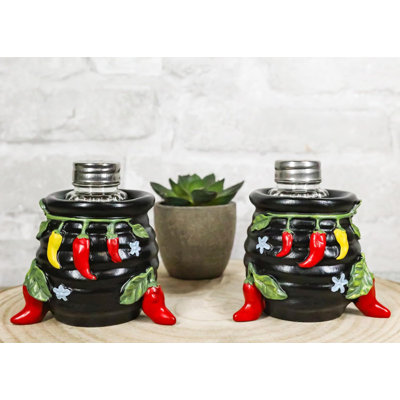 Southwestern Pot Of Chili Peppers Canister Jars Salt Pepper Shakers Holder Set