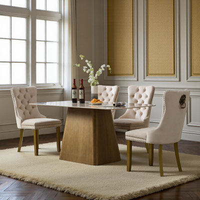 Traditional Velvet Wingback Tufted Solid Wood Upholstered Dining Chairs With Lion Head Pull Ring