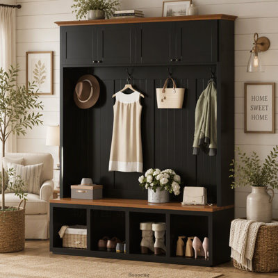 59 Inch Entryway Hall Tree with Bench, Storage, Cabinets, Coat Racks and Hooks