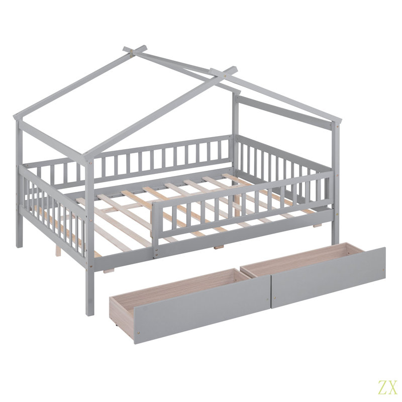 Lit double en bois avec deux tiroirs, Gris