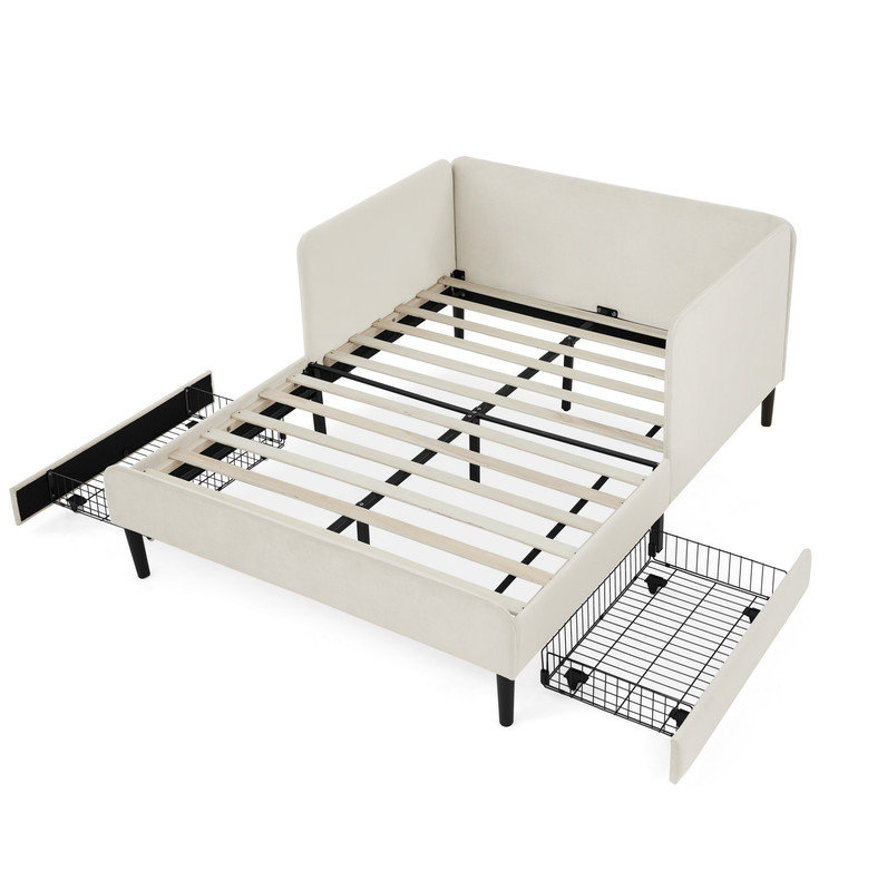 Structure de lit double tapissier pleine grandeur avec 2 tiroirs de rangement, canapé-lit réglable en velours, beige