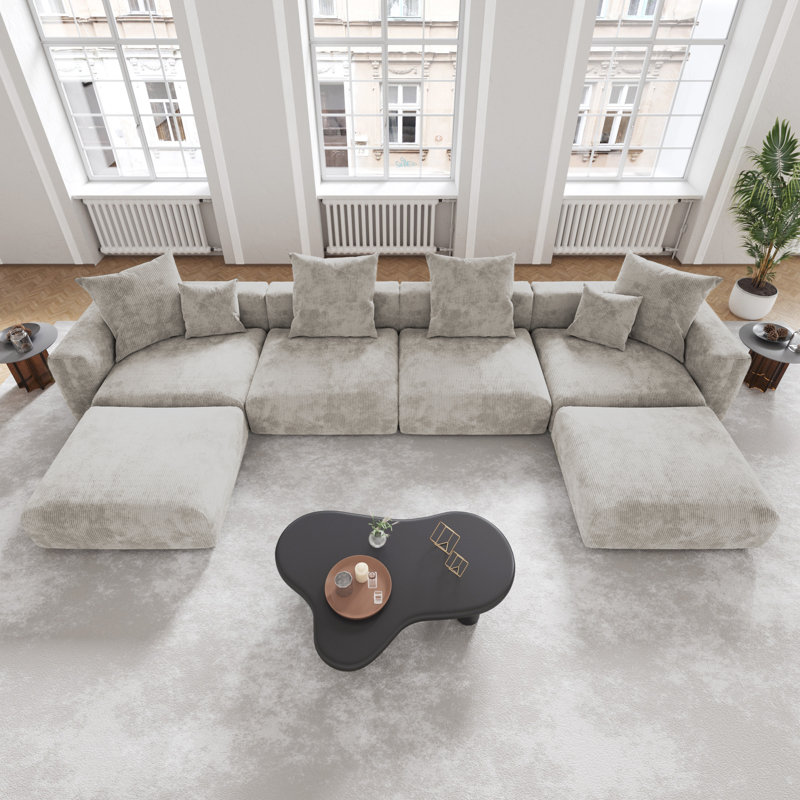 Modern Modular Slipcovered Corduroy U-Shaped Slipper Sectional Sofa With Ottoman, Gray