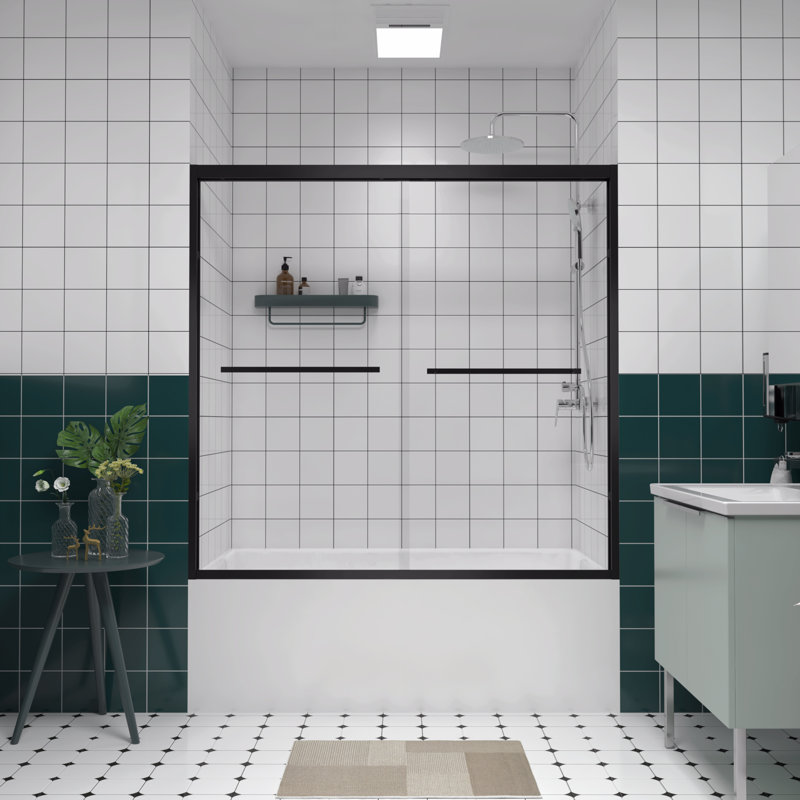 56-60"X58" Aluminum Frame Double Sliding Bathtub Screen,Bypass Bathroom Sliding Door With 1/4" (6Mm) Clear Tempered Glass, Sliding Glass Shower Enclosure