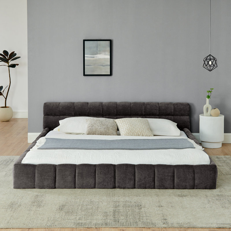 Structure de lit tapissier avec tissu épais, lit plateforme en chenille avec tête de lit et structure solide. Aucun sommier tapissier requis