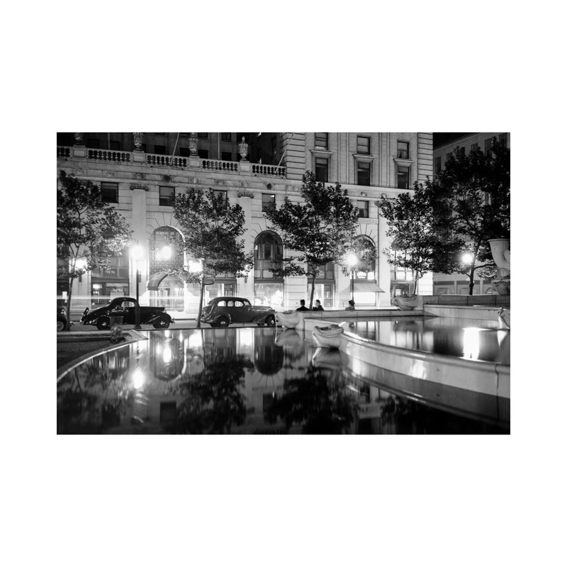 1930s Night Scene 5Th Avenue Tree Lined Sidewalk Cars Anonymous Silhouetted Men Reflecting Water In Pulitzer Fountain NYC USA - Wrapped Canvas Print