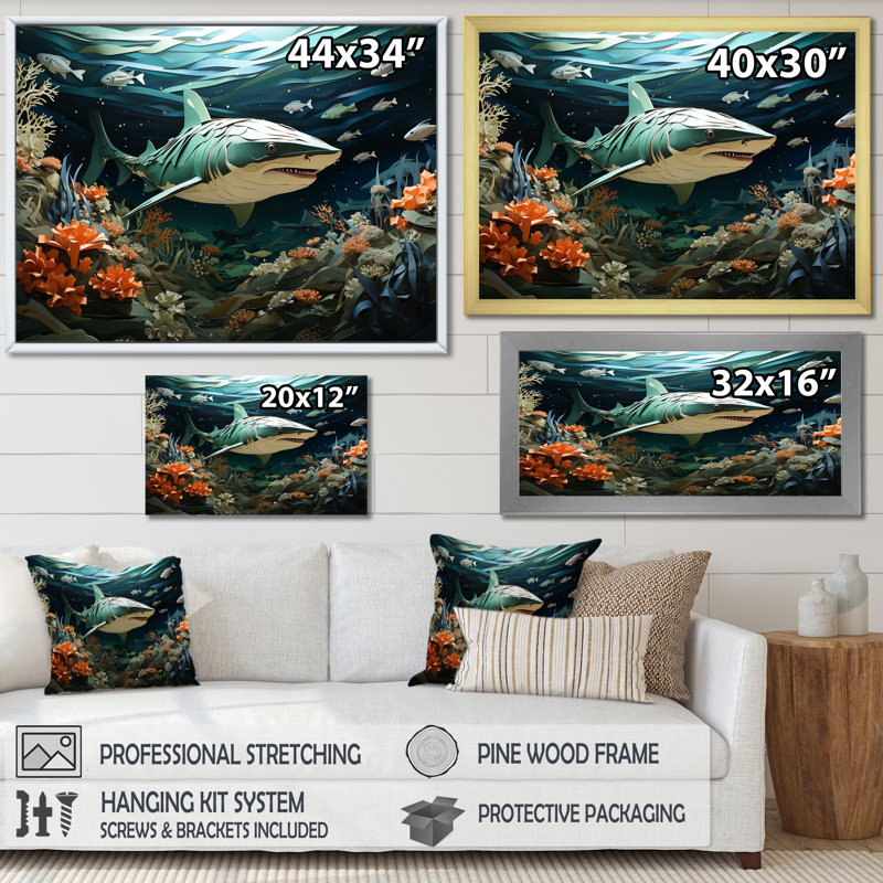 " Coral And Sharks Collage Symetry II ", 30" H x 40" W x 1.5" D, White Floater Framed