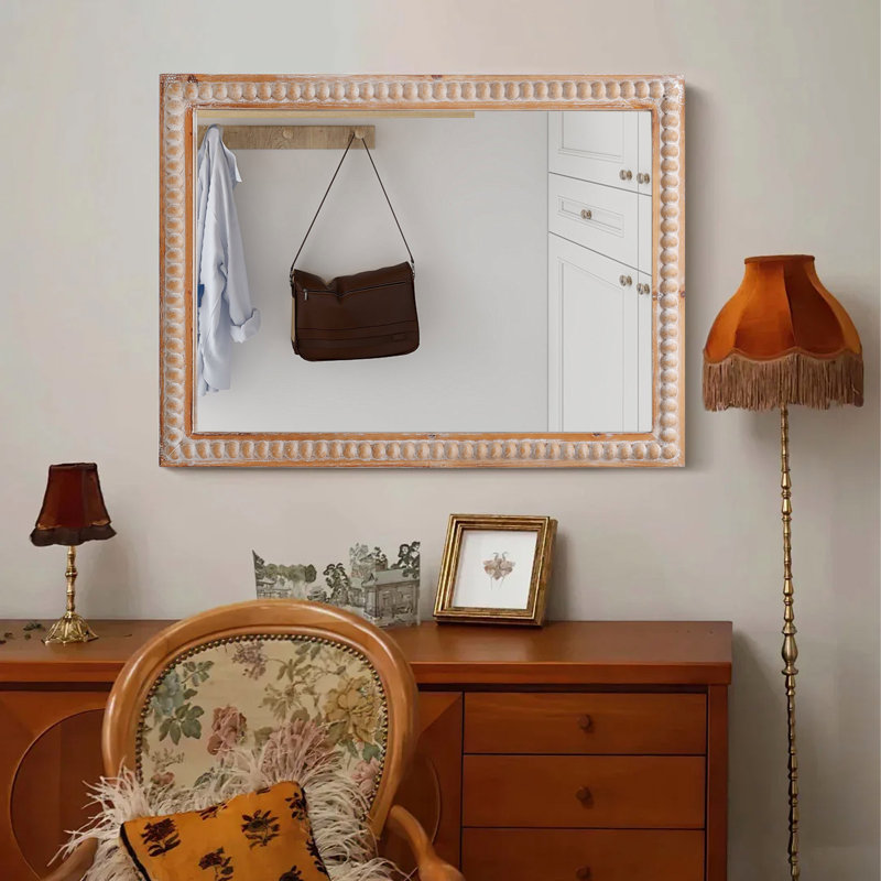 22X30 Inches Wood Framed Mirrors For Bathroom,Wooden Frame Wall Mirror Farmhouse Wall Mounted Rectangle Mirror For Vanity (Horizontal/Vertical) With Beading