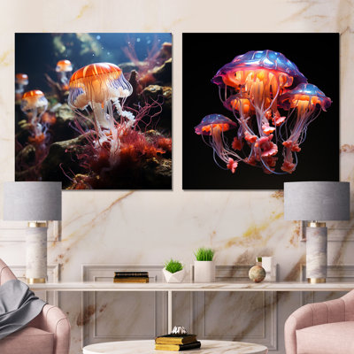 Orange Ethereal Elegance Jellyfish In Color I - Jellyfish Metal Wall Decor Square Set Of 2