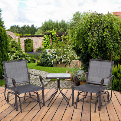 3 Piece Outdoor Glider Chair With Coffee Table Bistro Set, 2 Patio Rocking Swing Chairs With Breathable Sling Fabric, Glass Tabletop, For Backyard, Garden And Porch