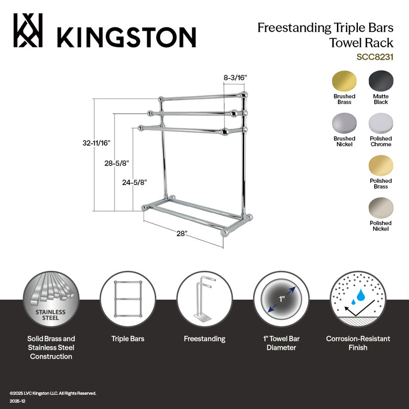 Kingston Brass Maximilien 28-Inch Freestanding Pedestal 3-Tier Towel Rack, Brushed Nickel