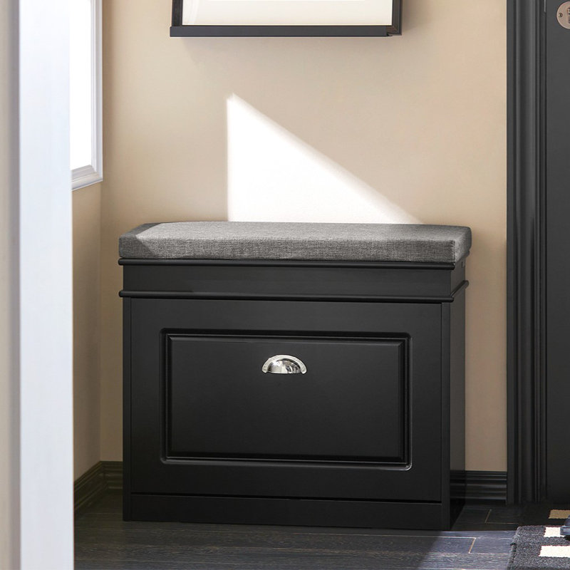 Shoe Bench Wooden Storage Bench with Flip-Drawer – Upholstered Entryway Bench with Storage for Hallway, Bedroom,Black, 20.47" H x 23.6" W x 9.45" D