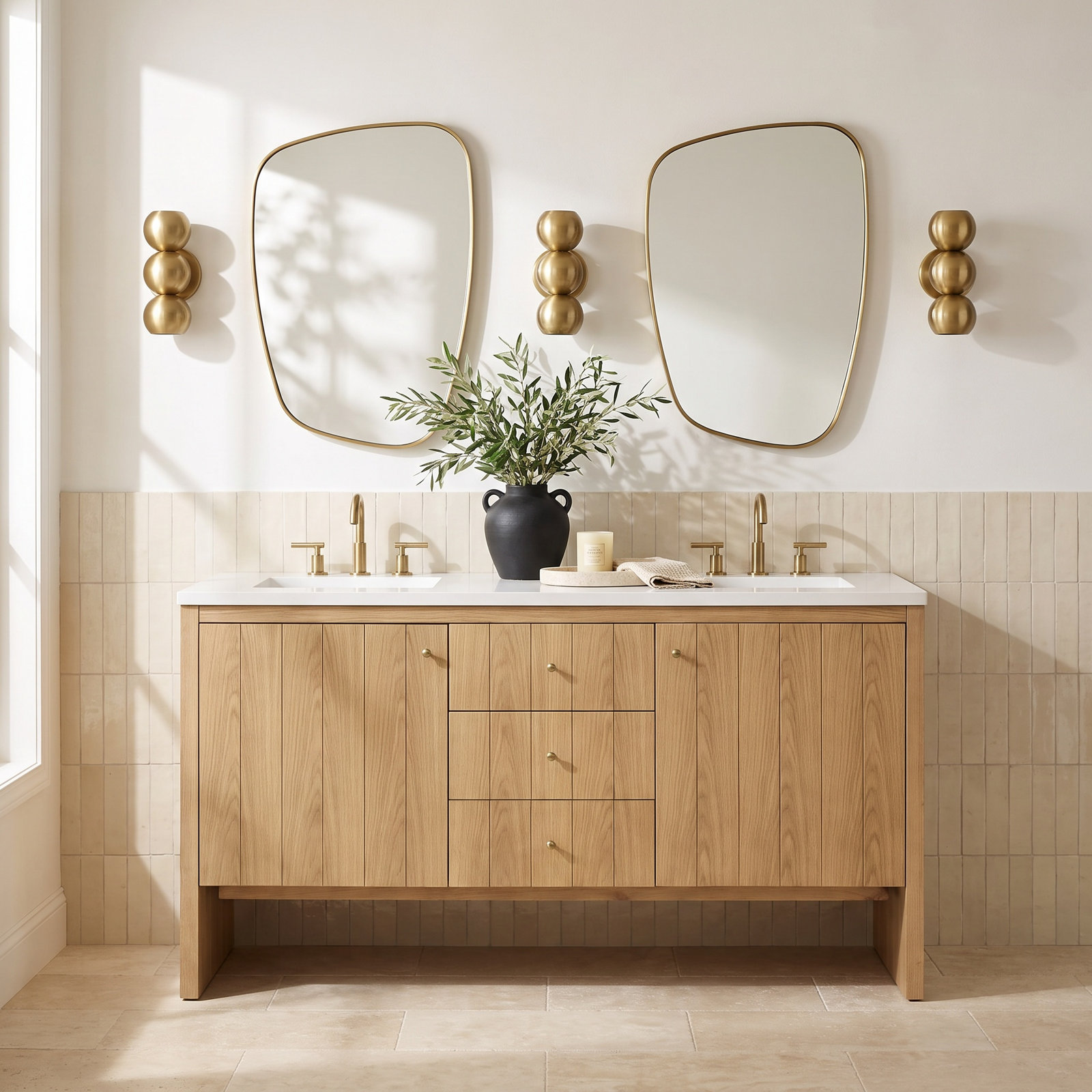 Hudson 60'' Double Bathroom Vanity, Light Natural Oak, White Zeus, 8" Widespread