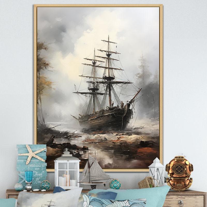 Bateau fantôme pirate 3 - Art mural pirate, H 44 po x l 34 po x P 1,5 po, Cadre flottant brun