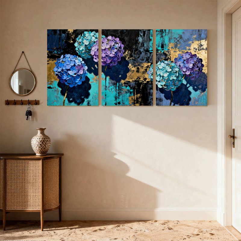 Plantes et fleurs, fleurs mauves bleues, fond abstrait, ensemble de 3 impressions sur toile, H 30 po x l 60 po