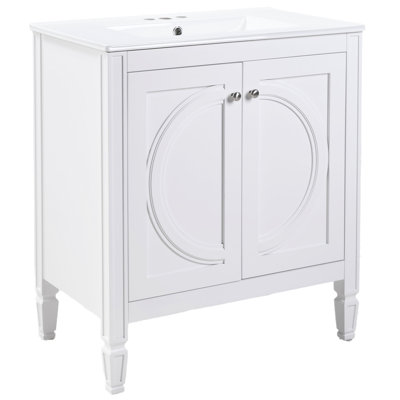 Meuble-lavabo blanc de 30 po de style rétro avec lavabo en céramique, fonction de fermeture en douceur, grand espace de rangement, trous de robinet pré-percés en blanc, avec portes silencieuses à fermeture lente, tablette réglable, rangement,