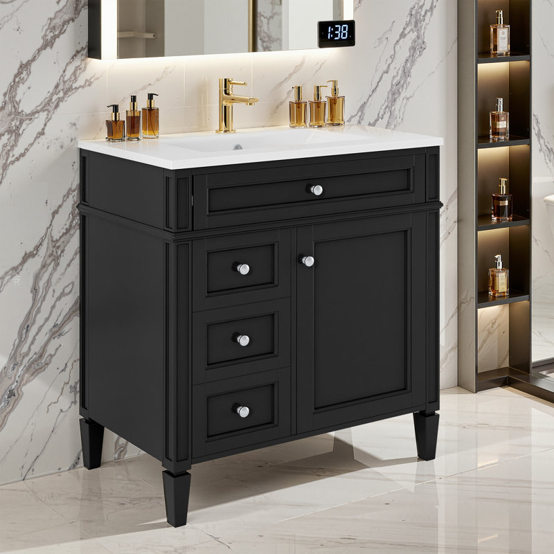 Meuble-lavabo sur pied simple 30 po avec lavabo supérieur et comptoir avec tiroir et miroir, Noir