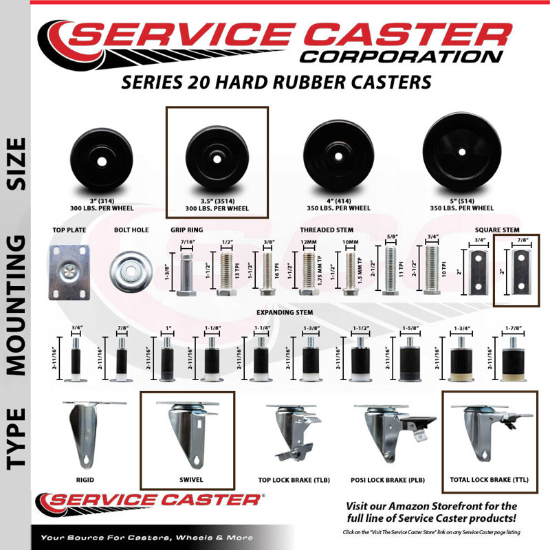 Hard Swivel Square Stem Caster Set Total Lock Brake