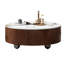 Table basse pour les salons modernes, plateau blanc épuré avec finition en marbre doré, base brun noyer, forme ronde avec deux tiroirs