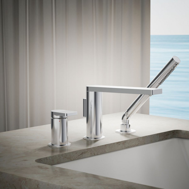 Composed Deck-Mount Bath Faucet With Handshower, Polished Chrome
