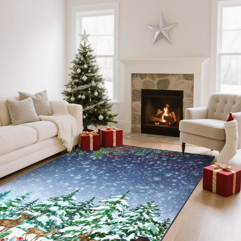 8x10ft Washable Christmas Area Rugs Entryway Rug Low Pile Non Slip Carpet Festive Xmas Decorative Foldable Carpet