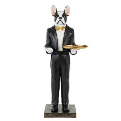 Cole And Grey Resin Floor Waiter Dog Decorative White Sculpture With Gold Bow Tie And Plate