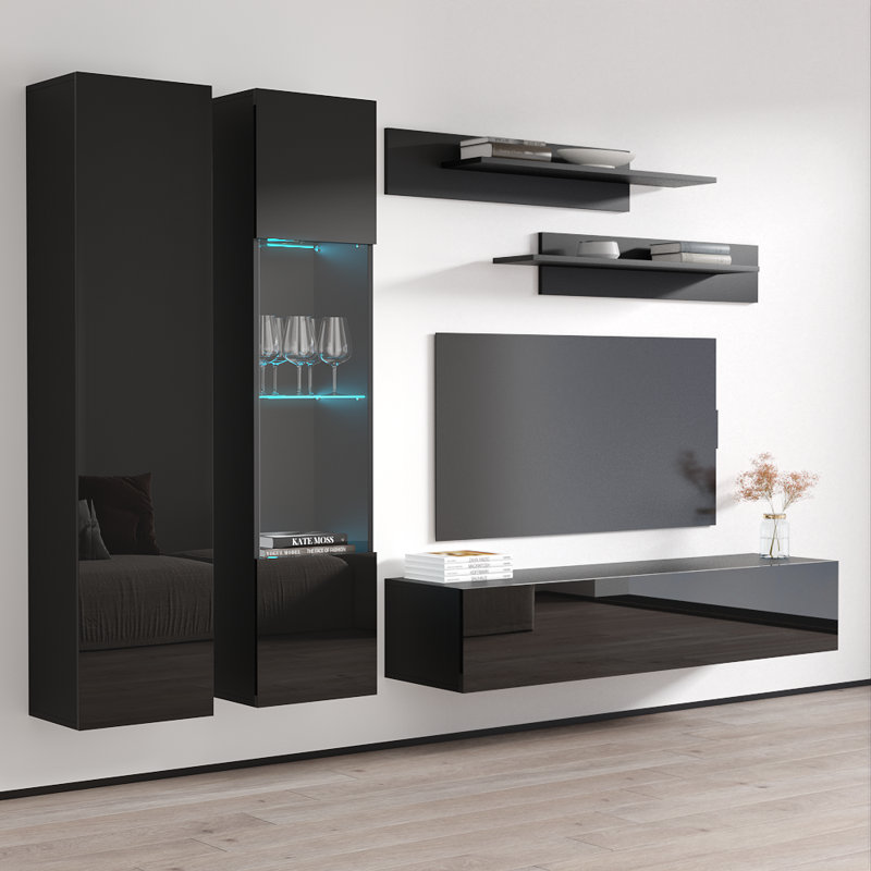 Villard 100" Modern Floating Wall Mounted Entertainment Center with 16-Color LED Lighting, High Gloss Finish, Black