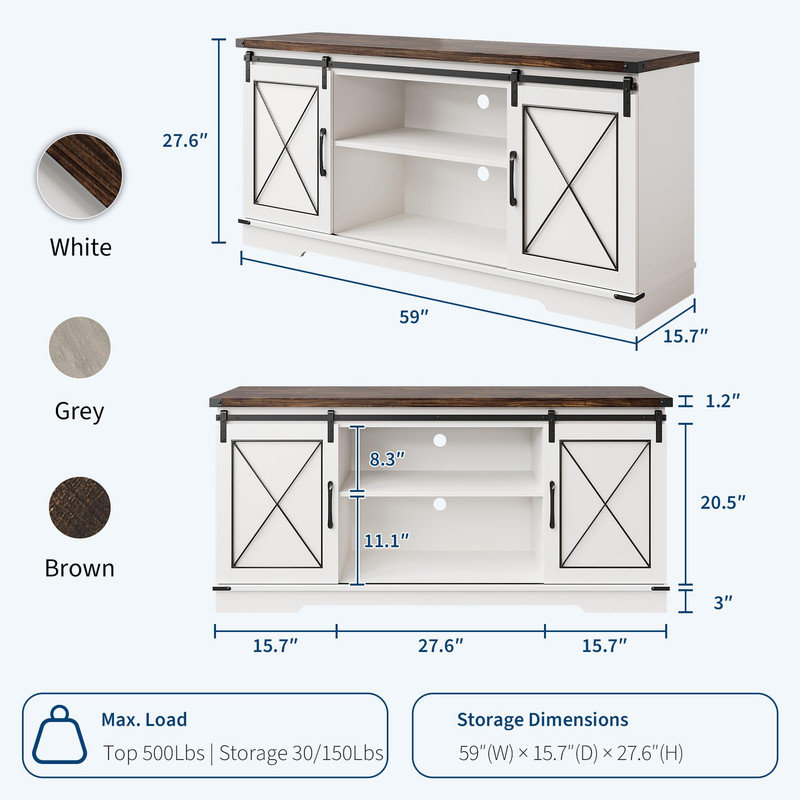 Meuble télé de style ferme pour écrans de 65 pouces – Portes coulissantes de style grange, étagères réglables et armoire de rangement