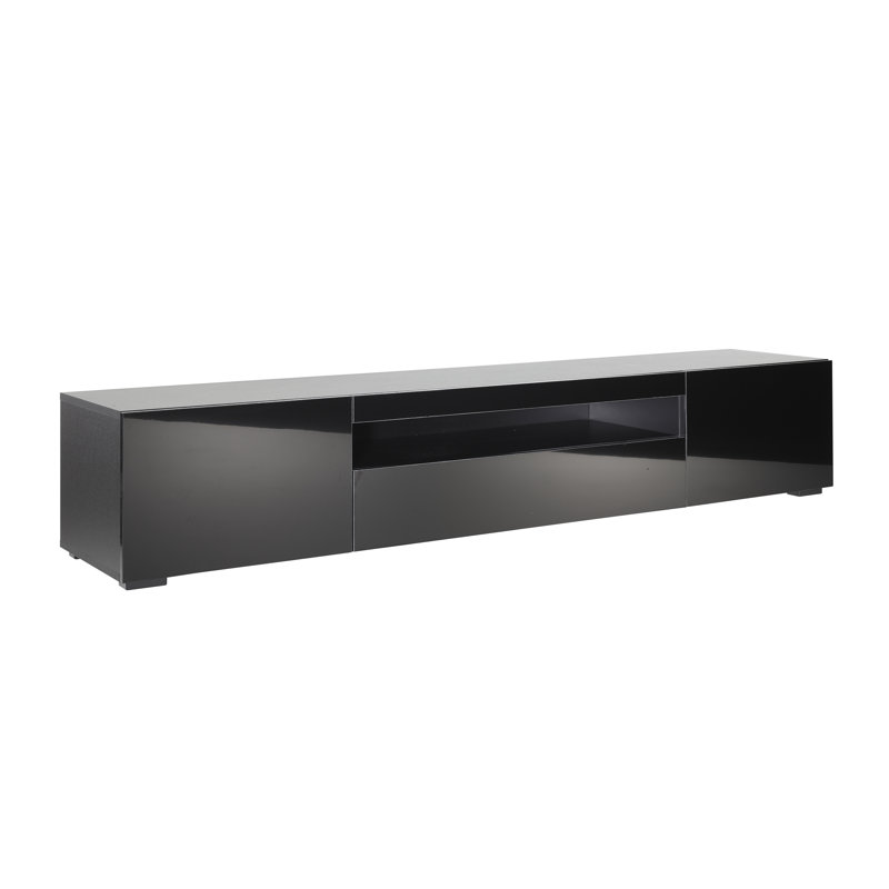 Meuble télé 78,74 po Tague avec lumières à DEL bleues, tablette pour barre de son et 3 armoires Tague - console multimédia moderne 79 po avec rangement audiovisuel rabattable et gestion des câbles pour les téléviseurs de 88 à 90 po (capacité de 