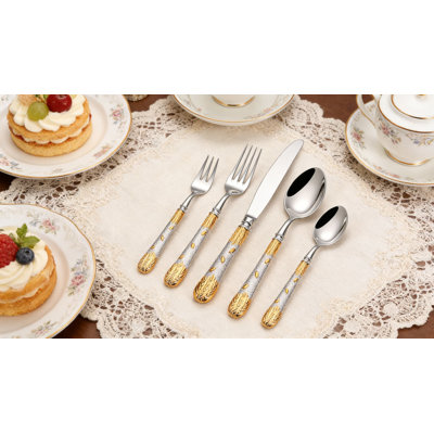 20-Piece Stainless Steel Flatware Set With Wheat Ear Design, Premium 18/10 Stainless Steel Silverware Set For 4, Mirror Polished With Gold And Silver Accents