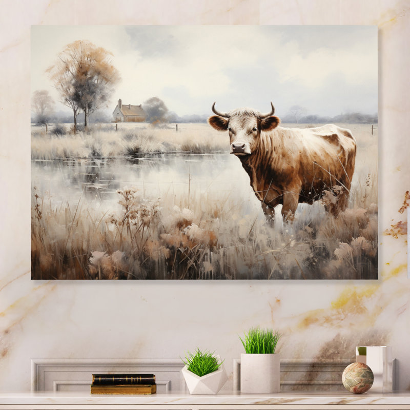 Vache dans la prairie II - reproduction d'animaux sur métal, H 24 po x l 32 po x P 1 po