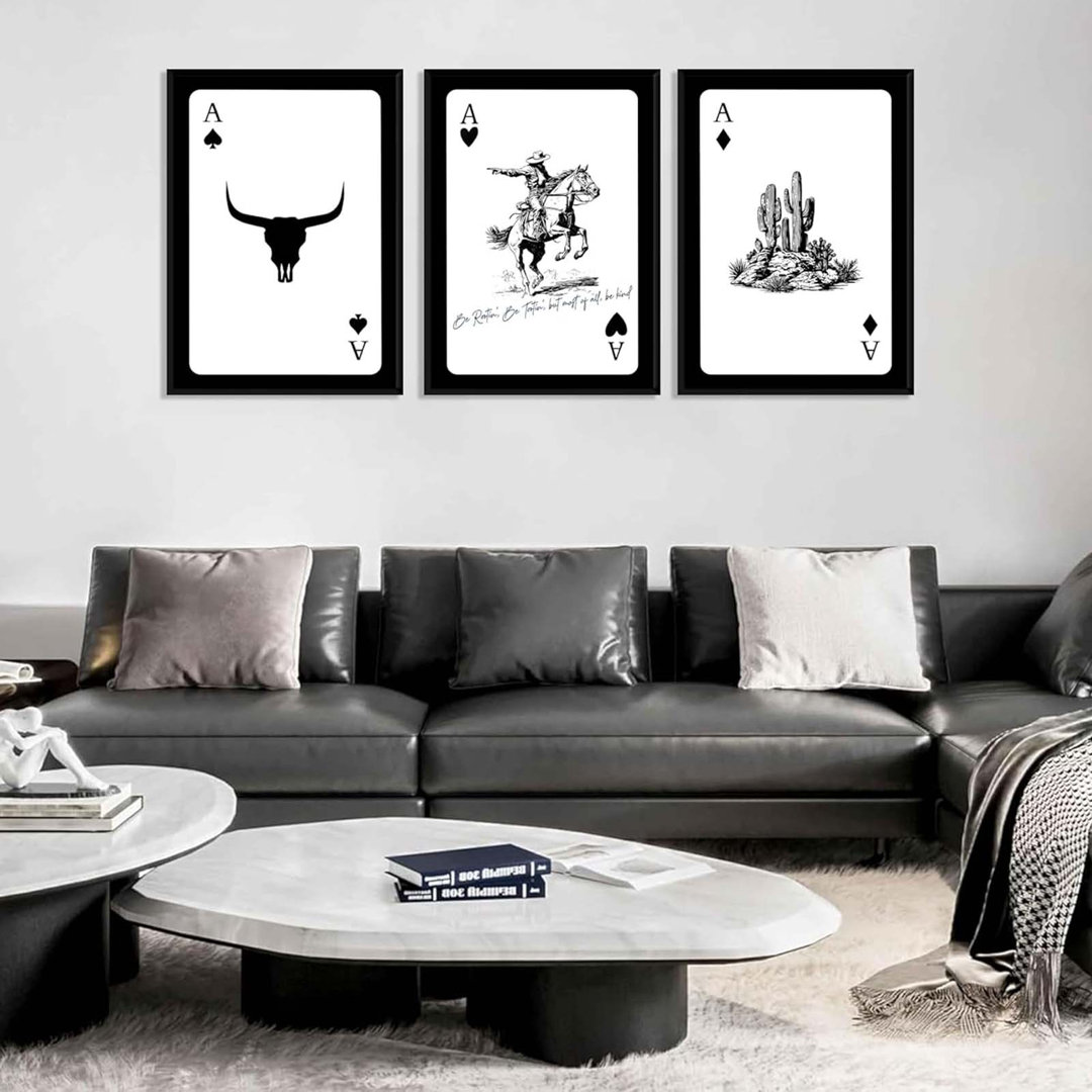 3Pcs Western Cowboy Canvas Wall Art Rustic Southwestern Poster Retro Western Aesthetic Pictures Playing Card Prints Longhorn Bull Skull Painting Cactu