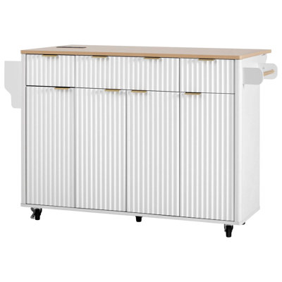 55.5" Rolling Kitchen Island With Drop Leaf, Built-In Charging Station & Ample Storage
