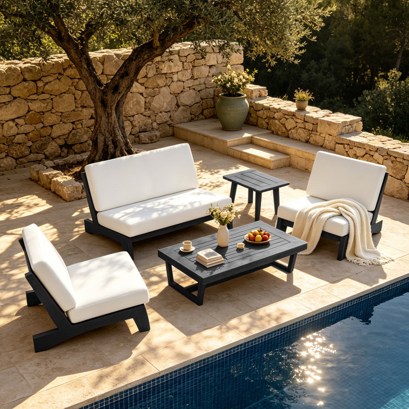 Ensemble de conversation Polett, 5 pièces: 2 tables, causeuse, 2 chaises, Beige, Noir