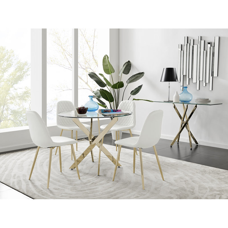 Tierra Chrome Metal and Glass Round Dining Table Set with 4 Faux Leather Upholstered Dining Chairs, White