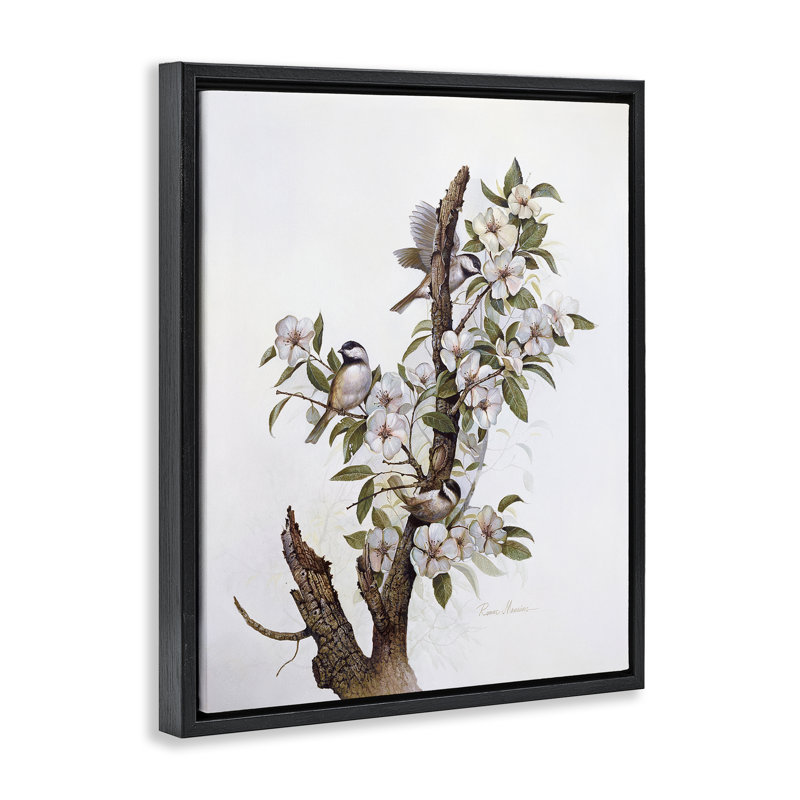 Oiseaux sur une branche d'arbre floral, toile encadrée dorée, design par RUANE MANNING, H 31 po x l 25 po