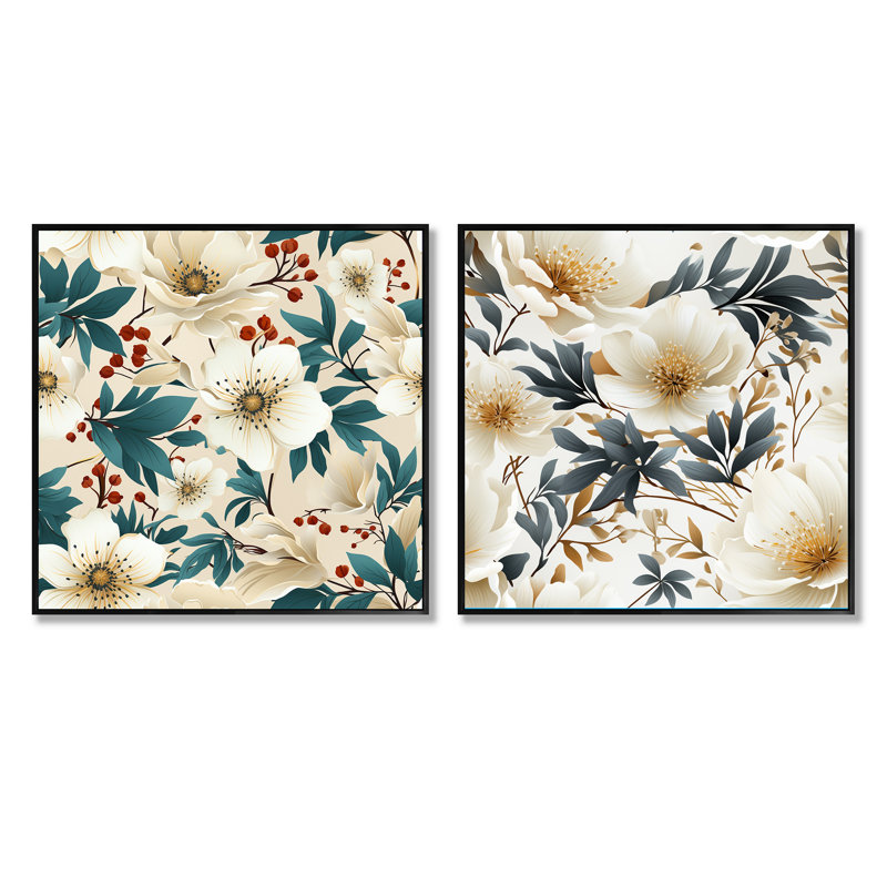 Coastal Tranquil Florals Collage Unveilé III - Ensemble de 2 collages floraux carrés, Cadre flottant noir, H 16 po x l 33 po