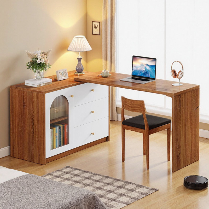 Bureau en coin réversible en L de 82,7 po avec tiroirs de rangement et armoire - brun rustique / blanc