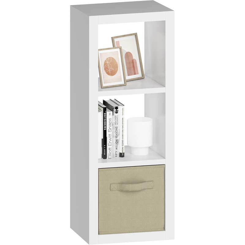  3 Cube Storage Organizer Shelf with Bins, White 3 Tier Bookcase with Fabric Storage Bins, Morden Bookshelf for Bedroom, Living Room, Closet, Office, 11.5" D x 11.5" W x 37.67" H