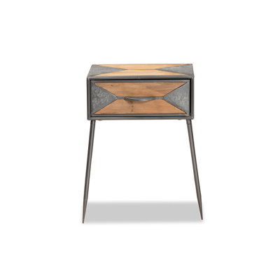 Table de chevet 1 tiroir Victoria en métal gris antique et bois blanchi chêne blanchi