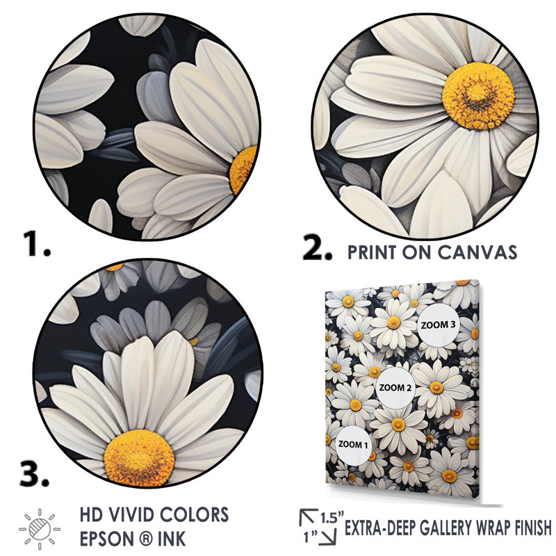 «White Daisy Meadow Elegance VII», reproduction sur toile, H 32 po x l 24 po x P 1 po, Cadre flottant doré