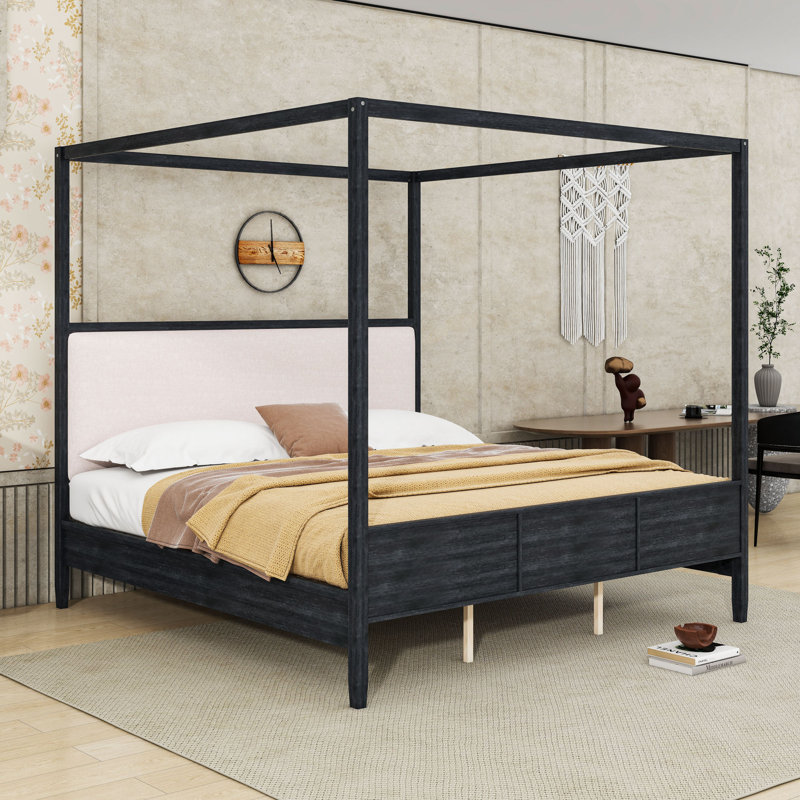 Canopy Bed with Upholstered Headboard, Black, King