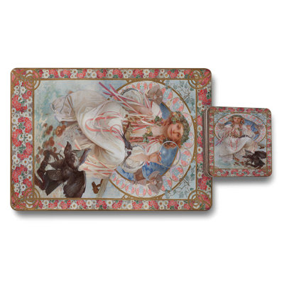Placemat Coaster Set 12 Piece Art Nouveau Floral Collection With Wood Backing Limited Edition