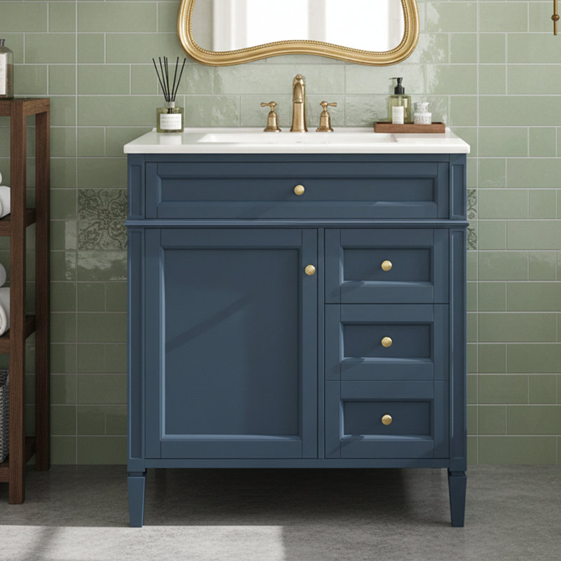 Ensemble de meuble-lavabo simple 30 po avec plateau en céramique et organisateur de porte - Bleu marine, Bleu