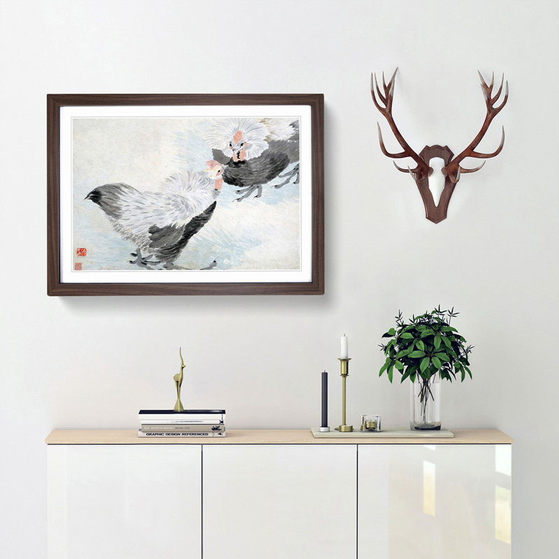 Two Roosters by Ren Yi - Picture Frame Painting Print, 27cm H x 36cm W x 2cm D, Walnut Framed