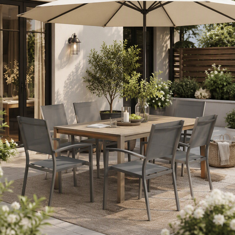Ensemble de 6 chaises de patio extérieures robustes en métal – Toile Textilène grise résistante aux intempéries, capacité de 159 kg, structure en fer thermolaqué, empilables