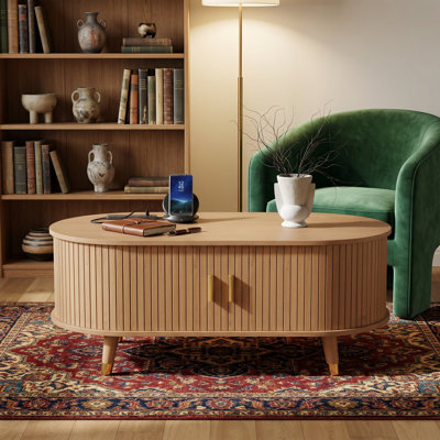42.5"W Wooden Oval Fluted Coffee Table with Charging Station, Mid-Century Centre Table with Sliding Tambour Door, Farmhouse Cocktail Table for Living Room, Natural
